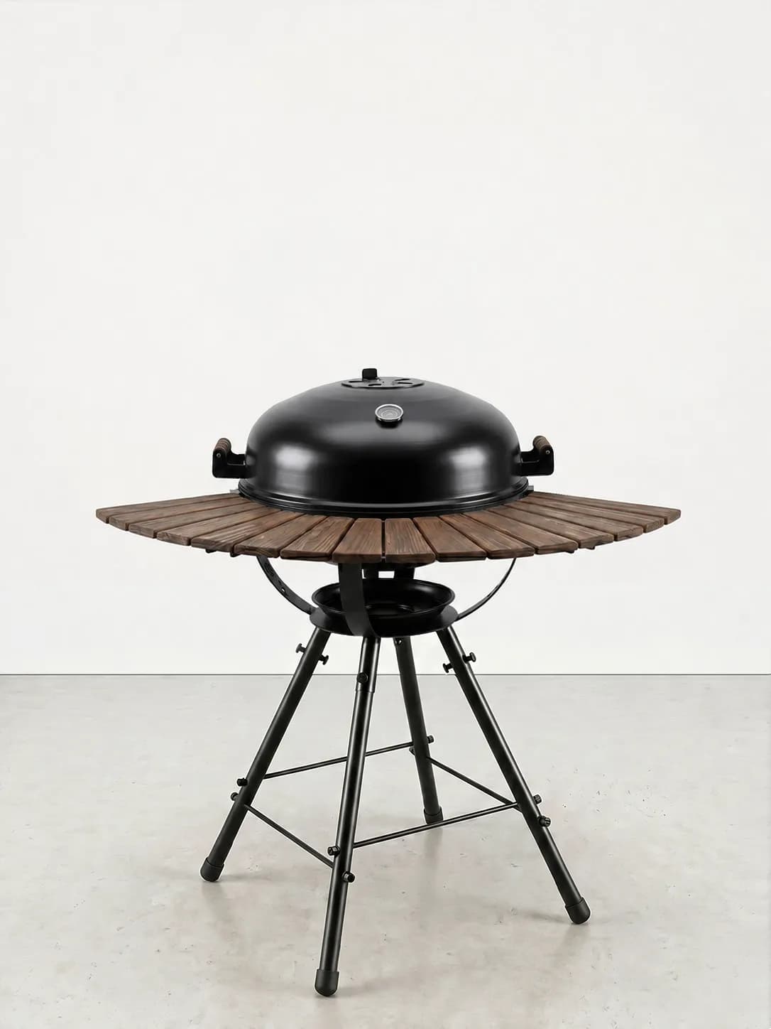 BAZZ360 Tek Kanatlı bahçe barbekü modeli — Tek İroko tabla, kapaklı kömür barbeküsü