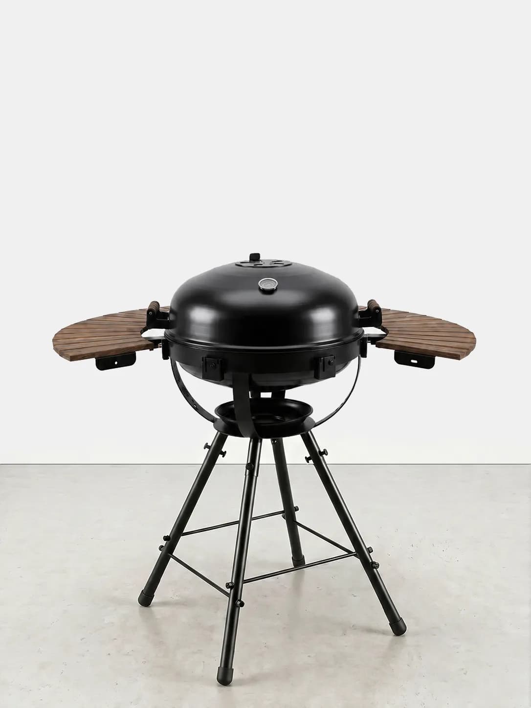 BAZZ360 Yarım Ay İkili bahçe barbekü modeli — Yarım ay biçiminde iki tabla, kapaklı kömür barbeküsü